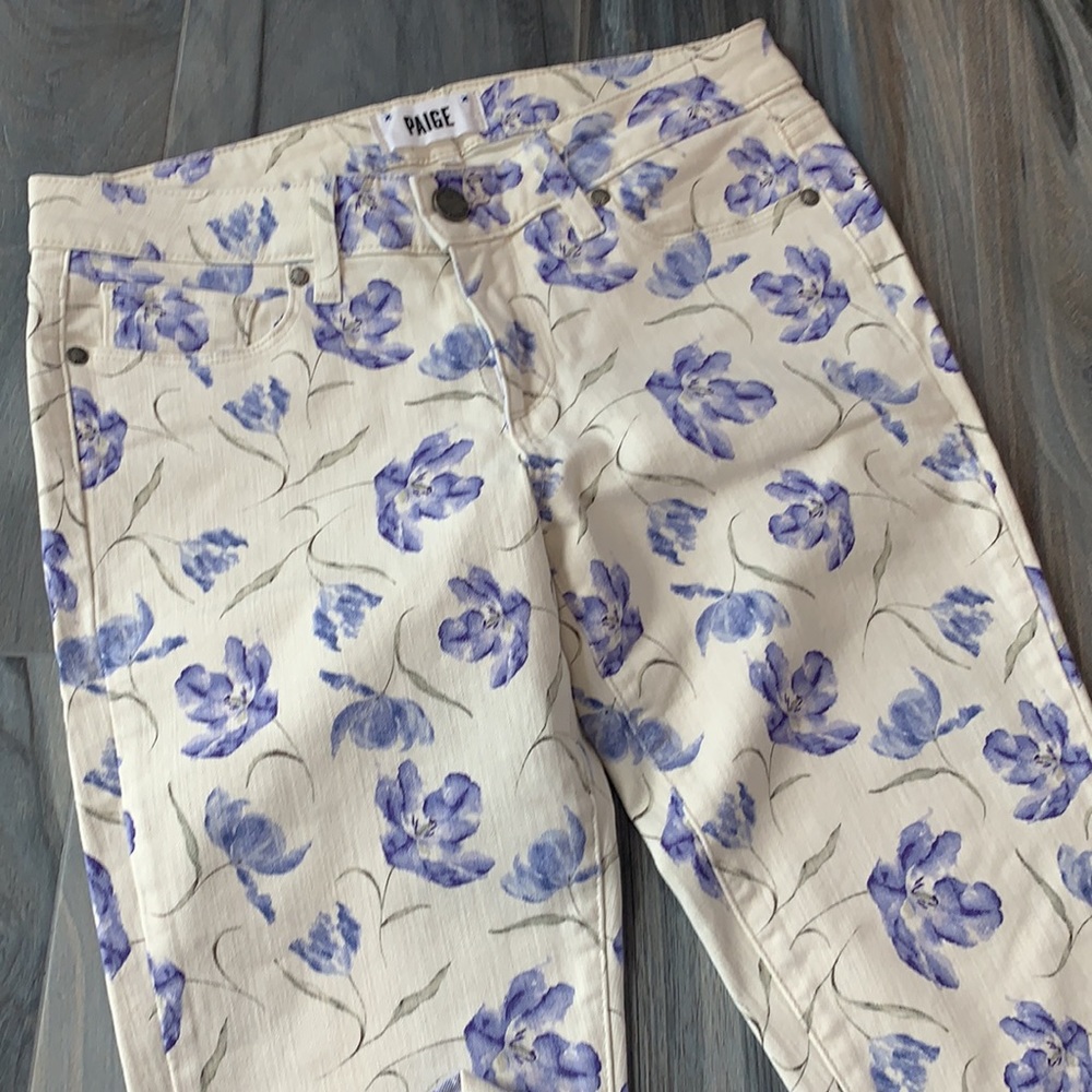 PAIGE Floral Straight Leg Jeans - Cream and Purple - Picture 2 of 4